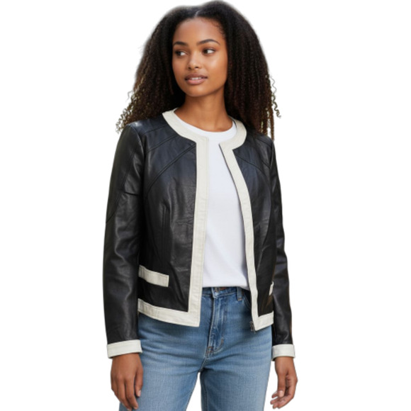 Vintage Y2K Retro Women's Leather Jacket Size 14 Black Moto Biker Chic Spiegel - Picture 1 of 11